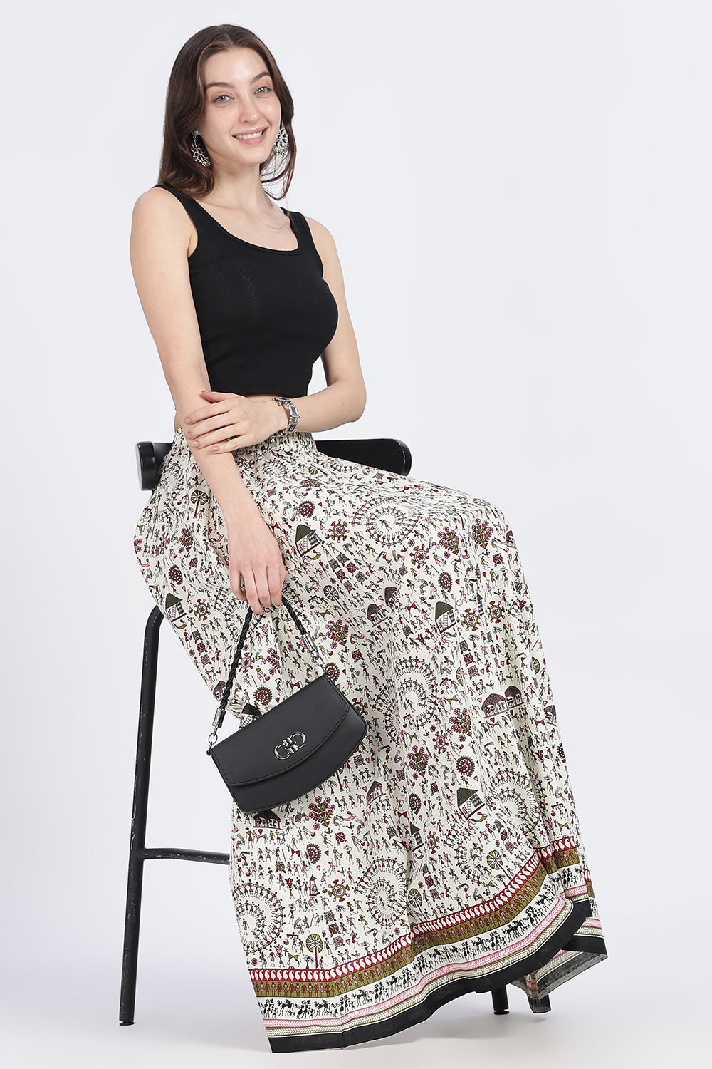 Mythri Women’s Cotton Blend Long Skirt with Tassels | Jaipur Print, Elastic Waist, Flared Fit - Yellow Print - SK10