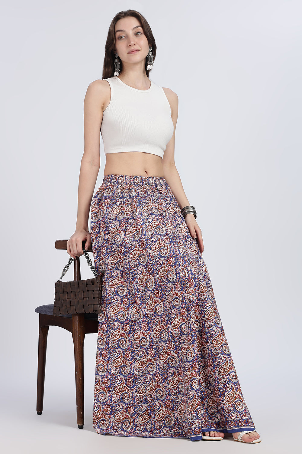 Mythri Women’s Full-Length Cotton Blend Kali Skirt | Elastic Waist, Jaipur Print, Flared Fit - Blue - SK05