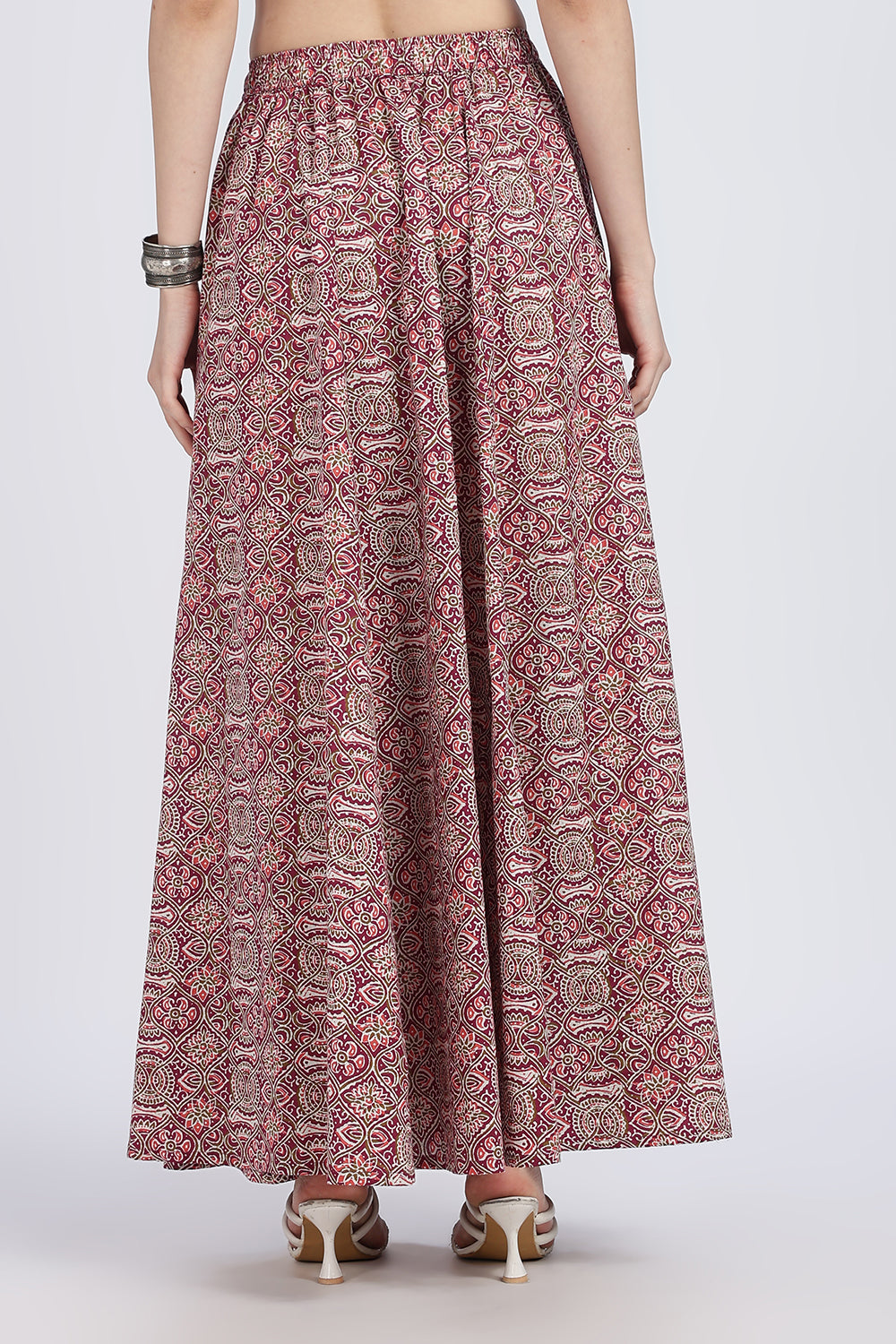Mythri Women’s Full-Length Cotton Blend Kali Skirt | Elastic Waist, Jaipur Print, Flared Fit - Dark Pink - SK05