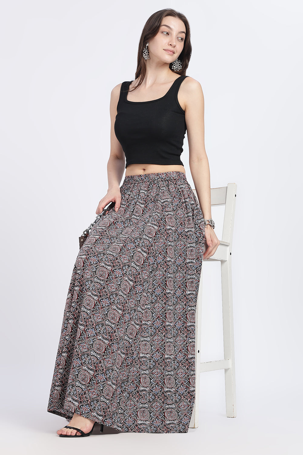 Mythri Women’s Full-Length Cotton Blend Kali Skirt | Elastic Waist, Jaipur Print, Flared Fit - Black 2 - SK05