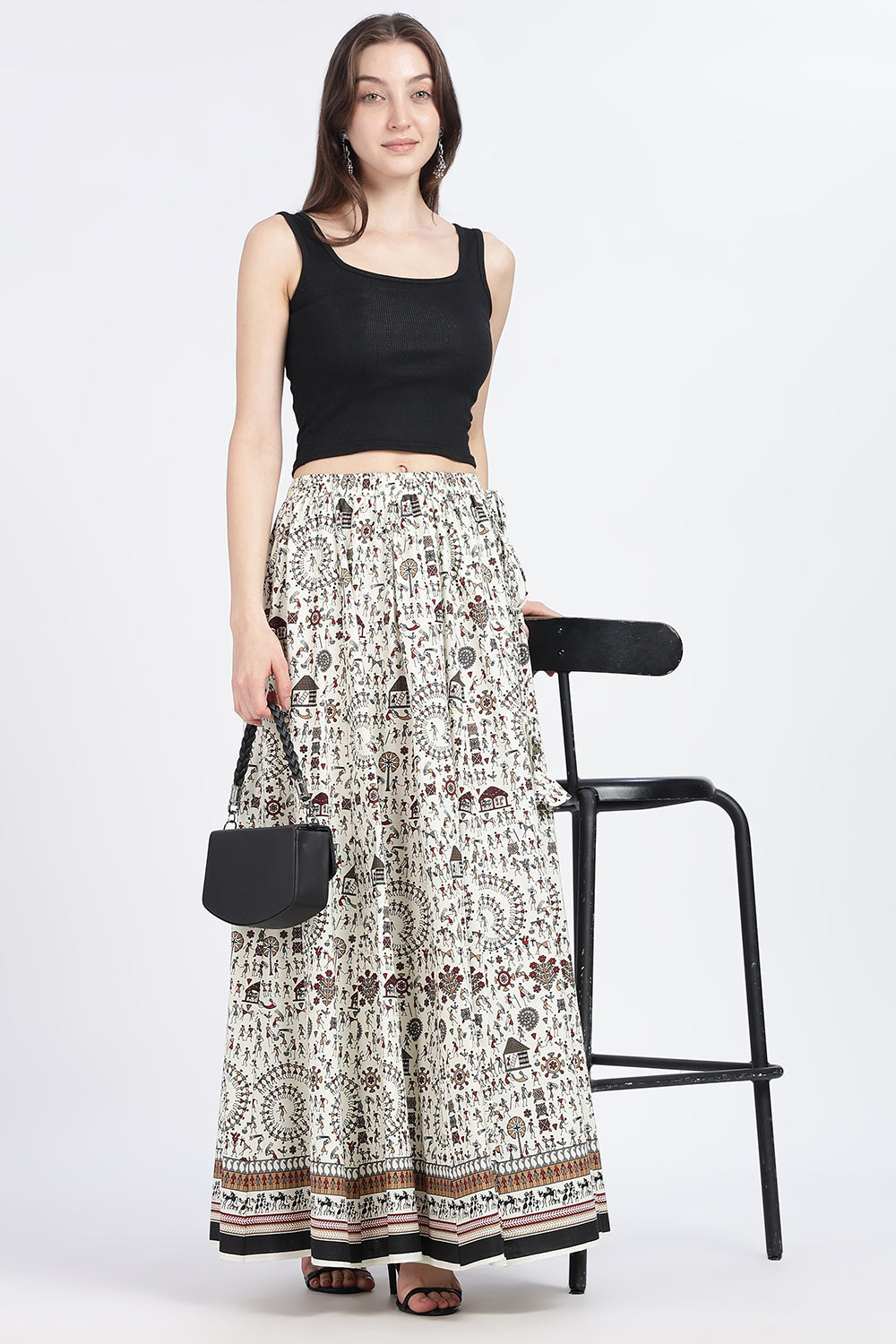 Mythri Women’s Cotton Blend Long Skirt with Tassels | Jaipur Print, Elastic Waist, Flared Fit - Red Print - SK10