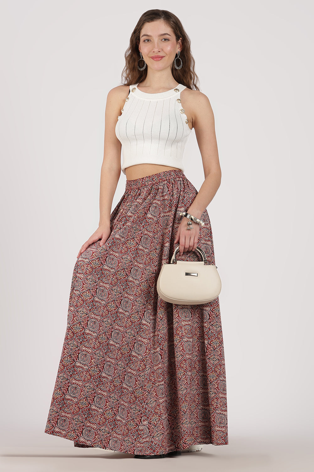 Mythri Women’s Full-Length Cotton Blend Kali Skirt | Elastic Waist, Jaipur Print, Flared Fit - Red 2 - SK05