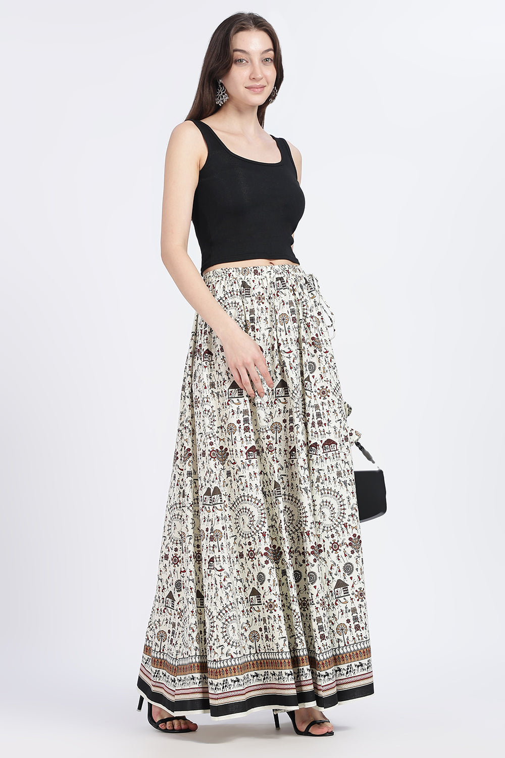 Mythri Women’s Cotton Blend Long Skirt with Tassels | Jaipur Print, Elastic Waist, Flared Fit - Red Print - SK10