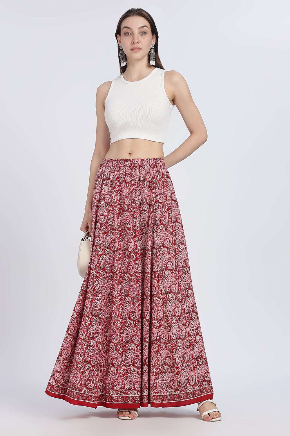 Mythri Women’s Full-Length Cotton Blend Kali Skirt | Elastic Waist, Jaipur Print, Flared Fit - Red - SK05