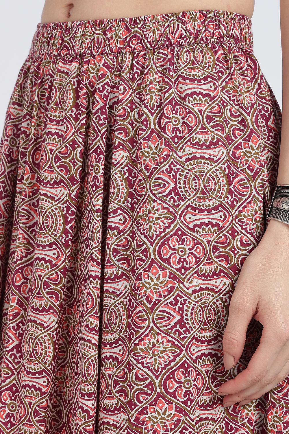 Mythri Women’s Full-Length Cotton Blend Kali Skirt | Elastic Waist, Jaipur Print, Flared Fit - Dark Pink - SK05