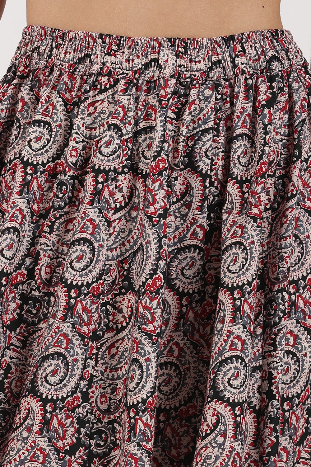 Mythri Women’s Full-Length Cotton Blend Kali Skirt | Elastic Waist, Jaipur Print, Flared Fit - Black - SK05