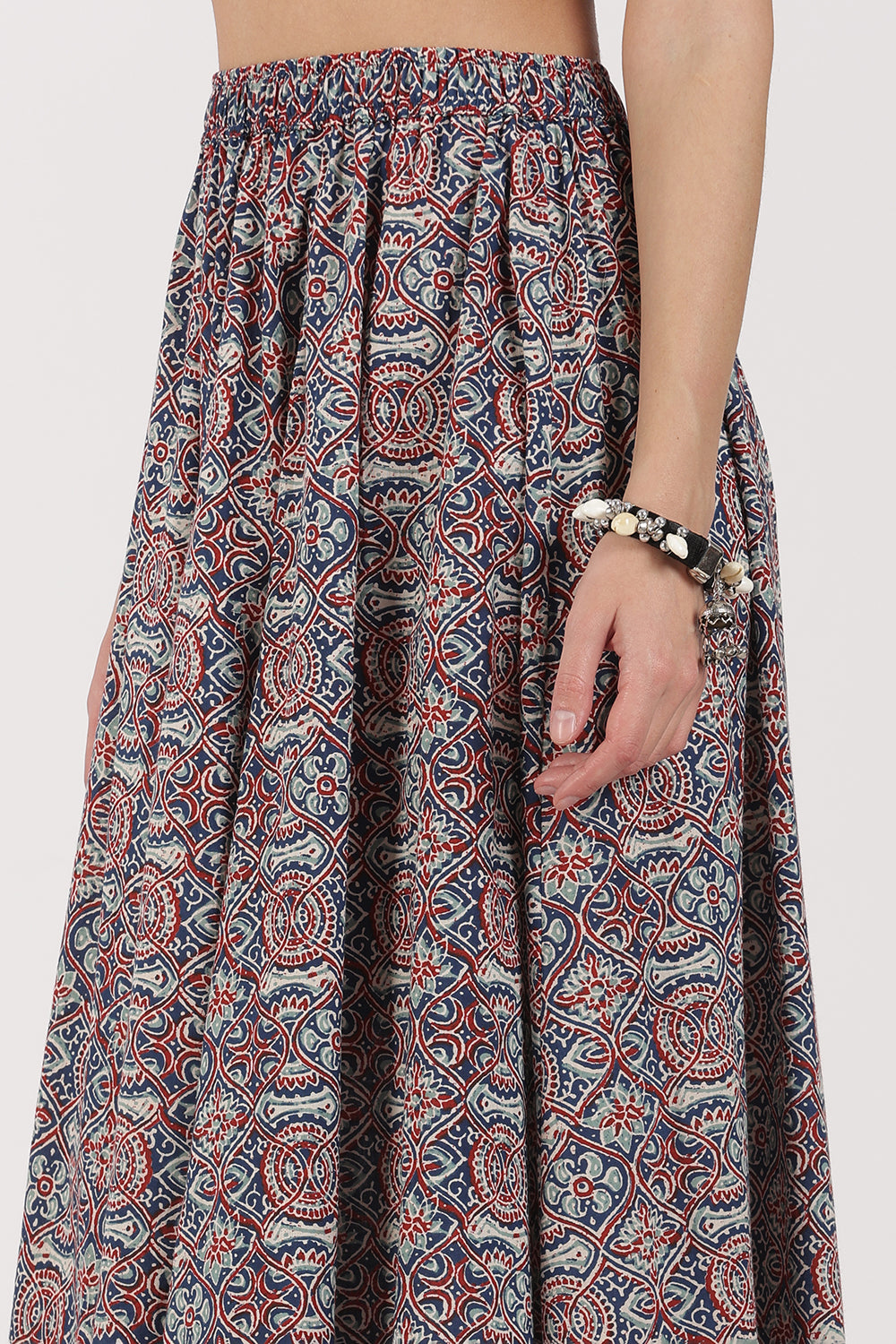 Mythri Women’s Full-Length Cotton Blend Kali Skirt | Elastic Waist, Jaipur Print, Flared Fit - Blue 2 - SK05