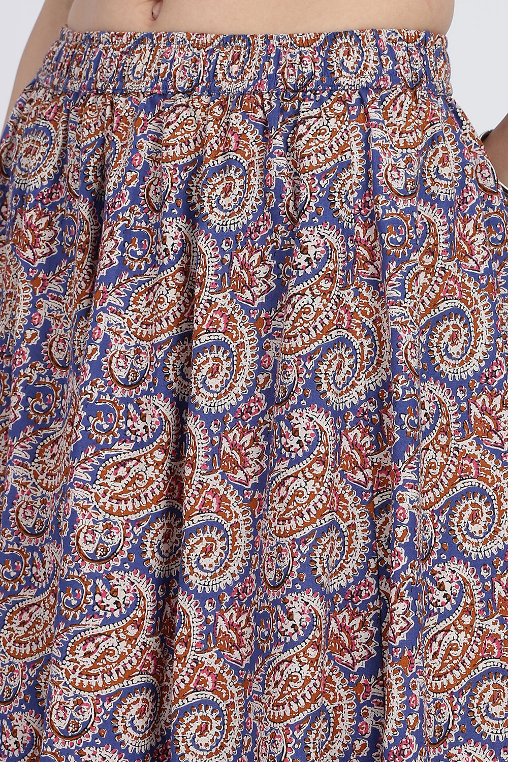 Mythri Women’s Full-Length Cotton Blend Kali Skirt | Elastic Waist, Jaipur Print, Flared Fit - Blue - SK05