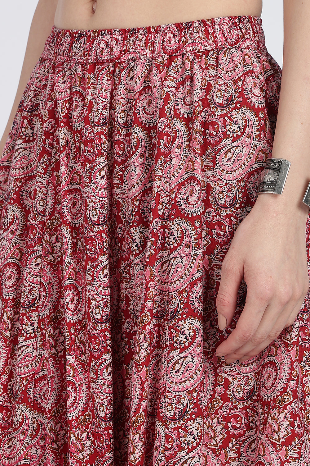 Mythri Women’s Full-Length Cotton Blend Kali Skirt | Elastic Waist, Jaipur Print, Flared Fit - Red - SK05