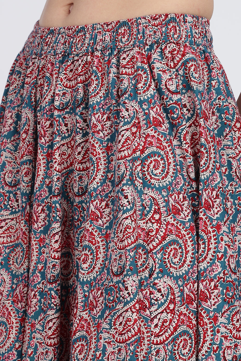 Mythri Women’s Full-Length Cotton Blend Kali Skirt | Elastic Waist, Jaipur Print, Flared Fit - Teal Green - SK05