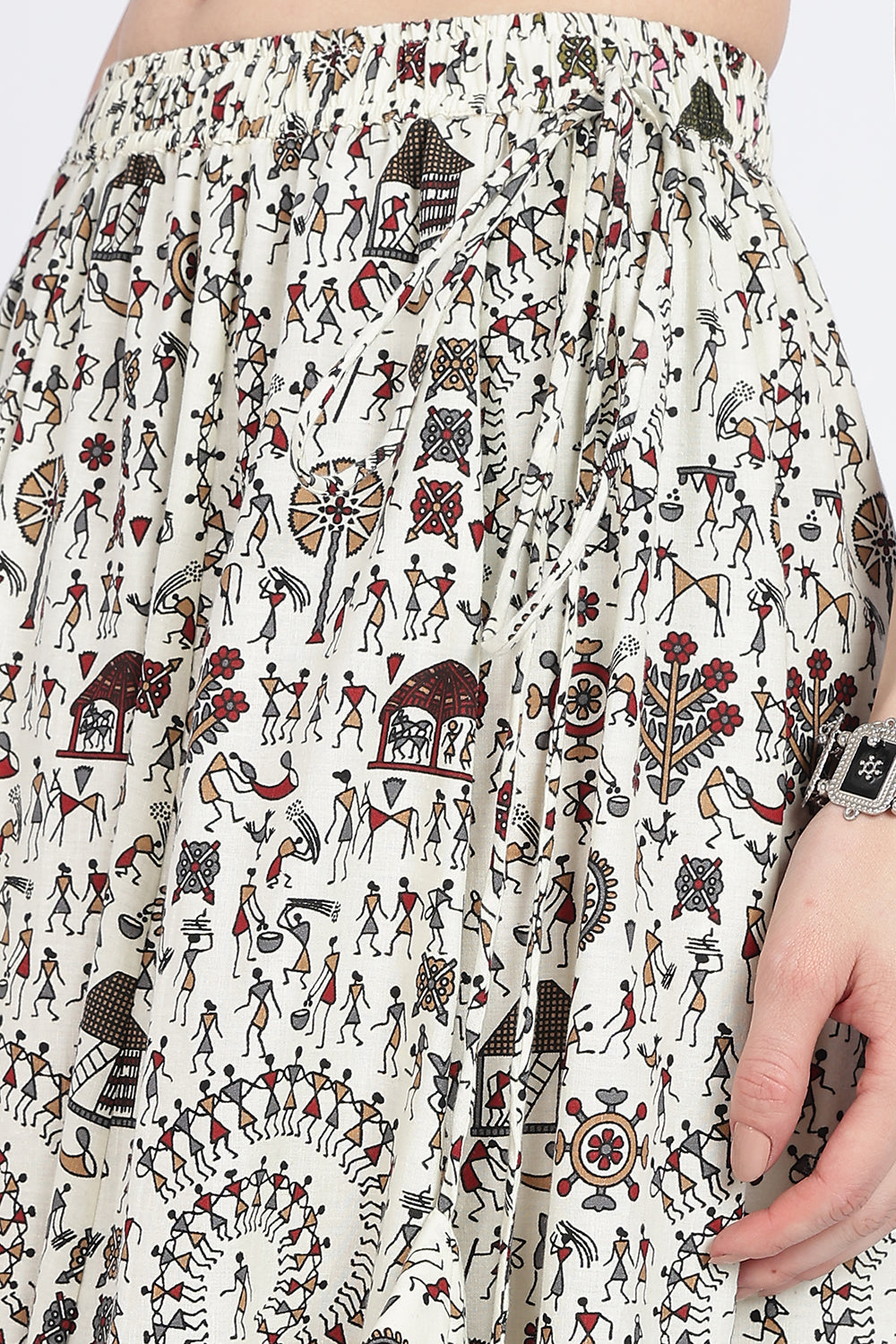 Mythri Women’s Cotton Blend Long Skirt with Tassels | Jaipur Print, Elastic Waist, Flared Fit - Red Print - SK10