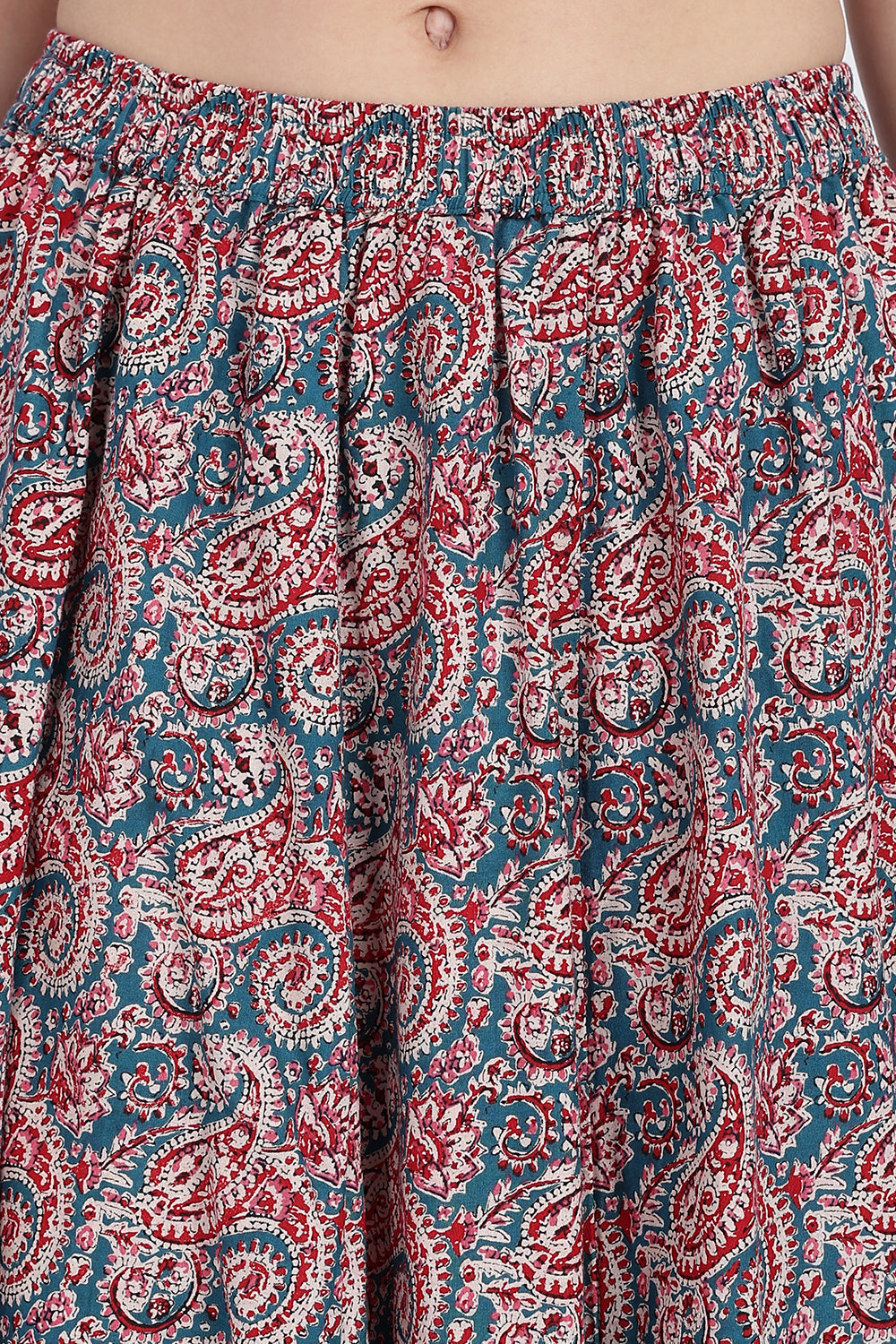 Mythri Women’s Full-Length Cotton Blend Kali Skirt | Elastic Waist, Jaipur Print, Flared Fit - Teal Green - SK05