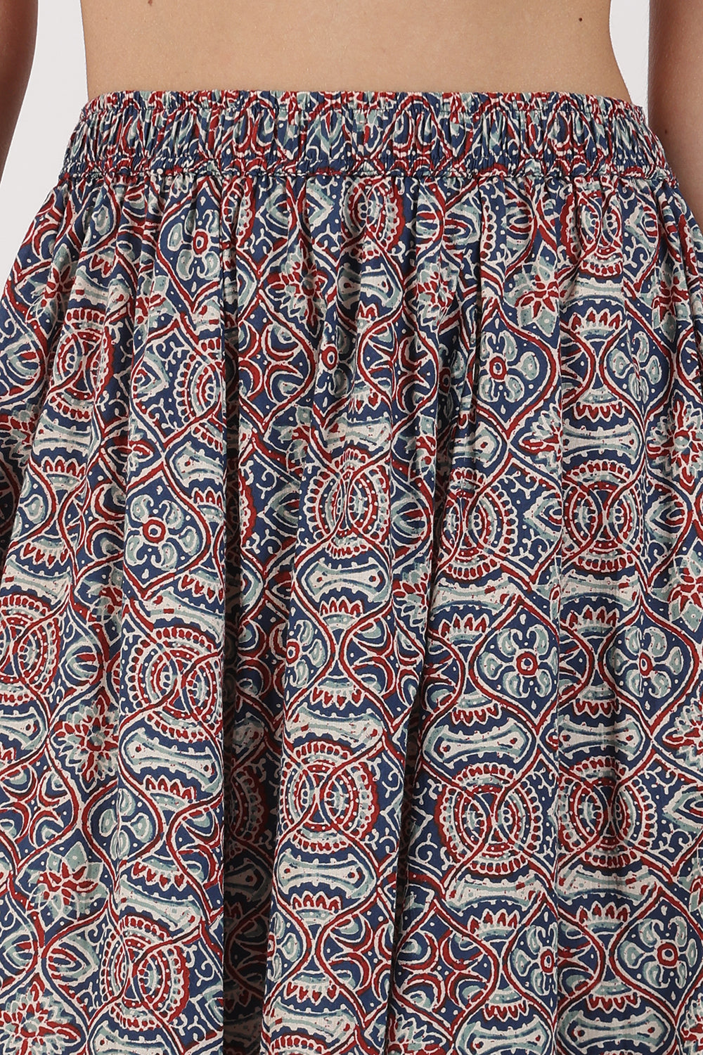 Mythri Women’s Full-Length Cotton Blend Kali Skirt | Elastic Waist, Jaipur Print, Flared Fit - Blue 2 - SK05