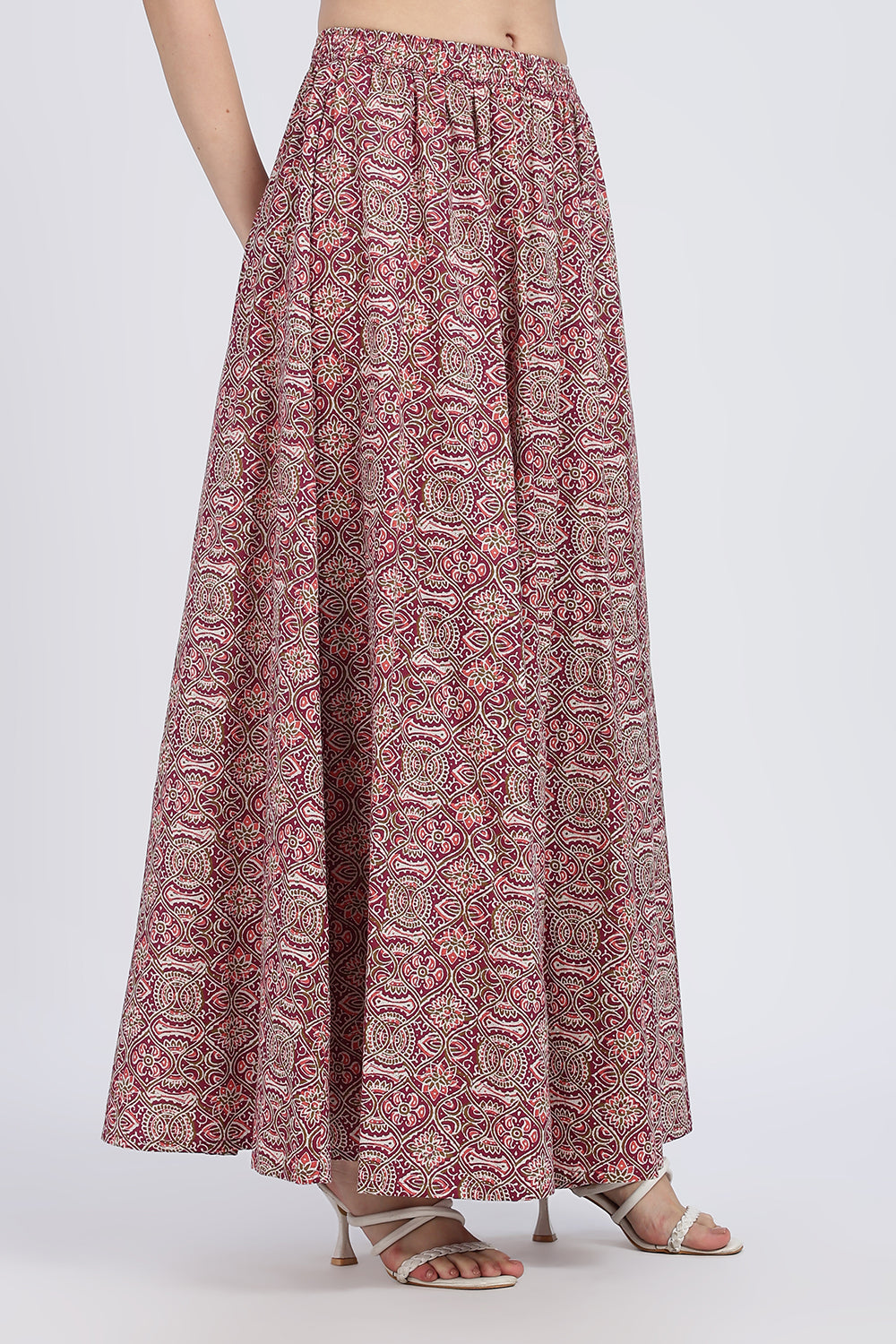 Mythri Women’s Full-Length Cotton Blend Kali Skirt | Elastic Waist, Jaipur Print, Flared Fit - Dark Pink - SK05