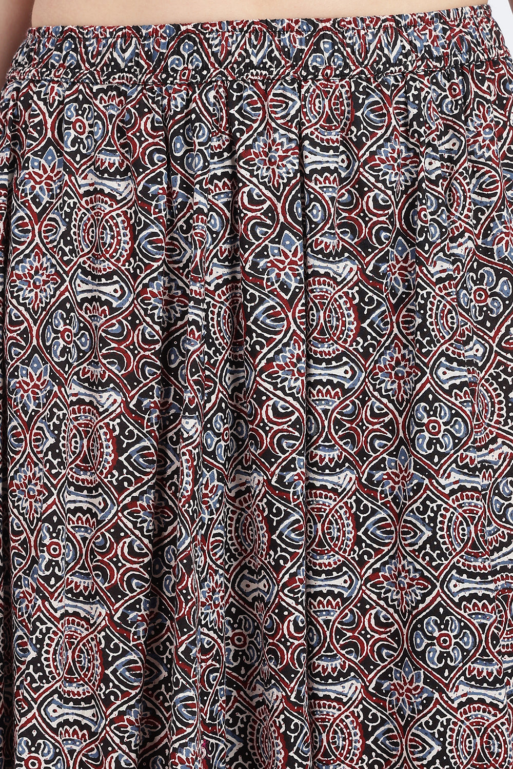 Mythri Women’s Full-Length Cotton Blend Kali Skirt | Elastic Waist, Jaipur Print, Flared Fit - Black 2 - SK05