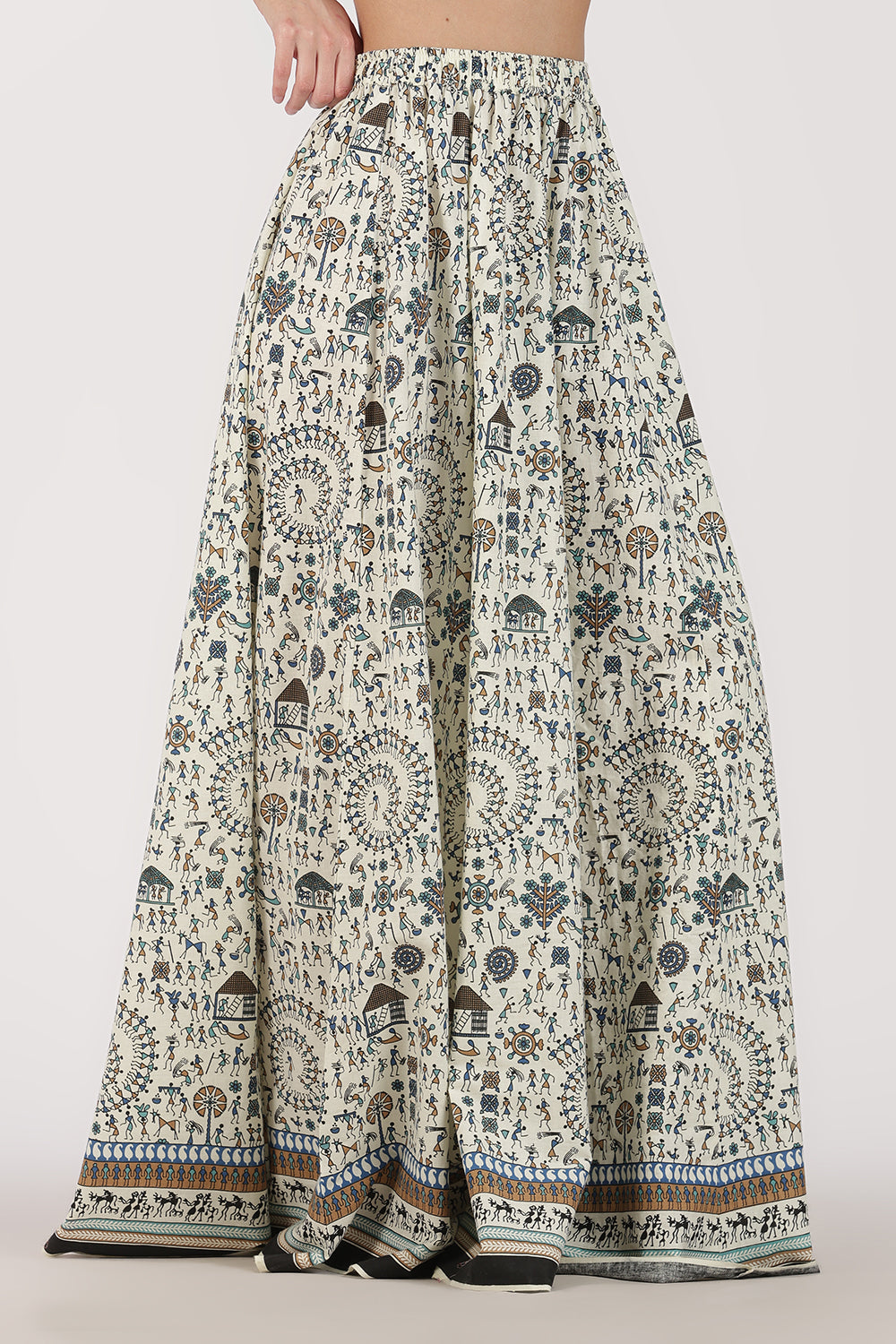 Mythri Women’s Cotton Blend Long Skirt with Tassels | Jaipur Print, Elastic Waist, Flared Fit - Blue Print - SK10