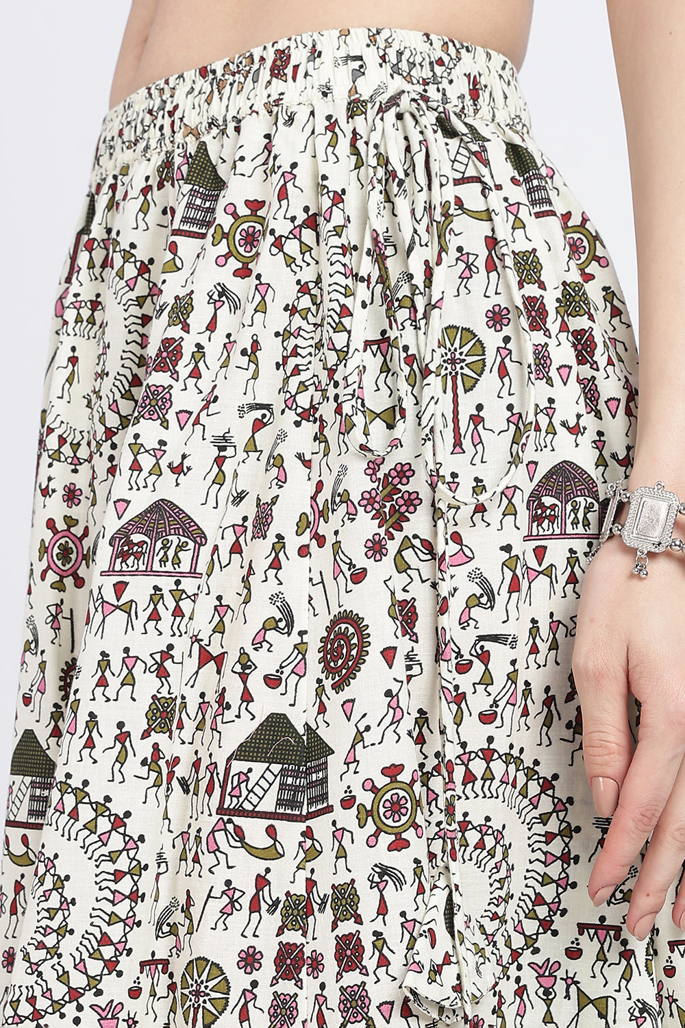 Mythri Women’s Cotton Blend Long Skirt with Tassels | Jaipur Print, Elastic Waist, Flared Fit - Yellow Print - SK10