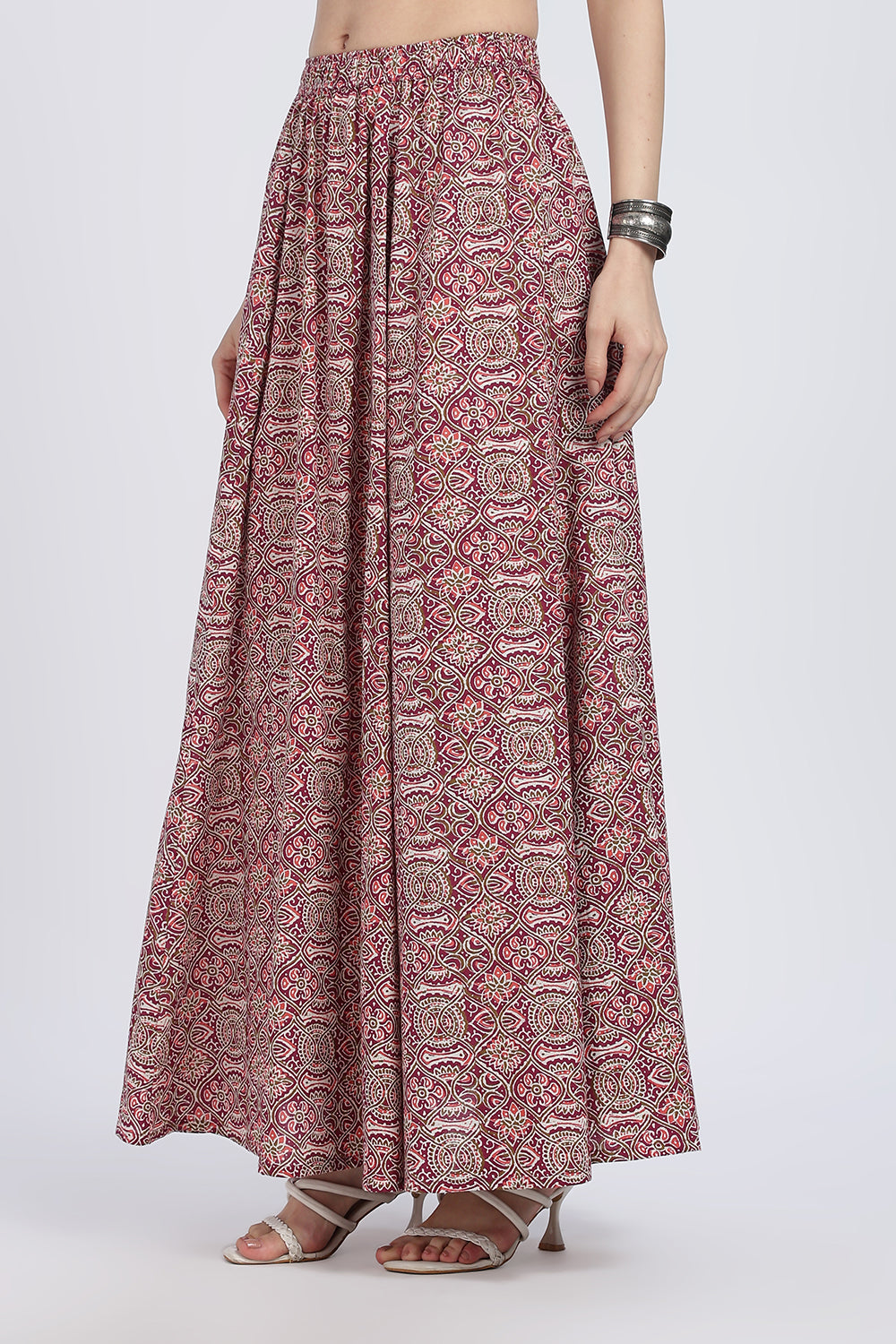 Mythri Women’s Full-Length Cotton Blend Kali Skirt | Elastic Waist, Jaipur Print, Flared Fit - Dark Pink - SK05