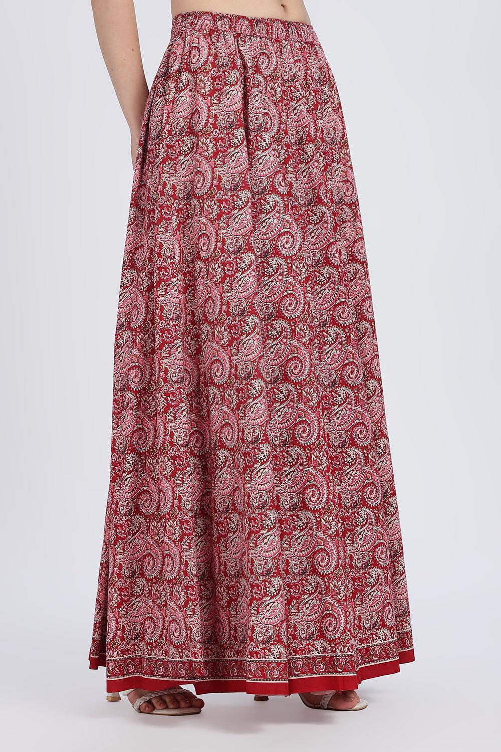 Mythri Women’s Full-Length Cotton Blend Kali Skirt | Elastic Waist, Jaipur Print, Flared Fit - Red - SK05