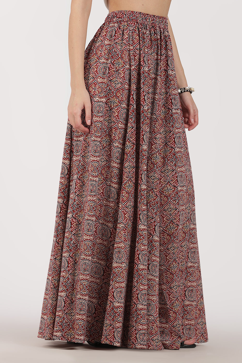 Mythri Women’s Full-Length Cotton Blend Kali Skirt | Elastic Waist, Jaipur Print, Flared Fit - Red 2 - SK05