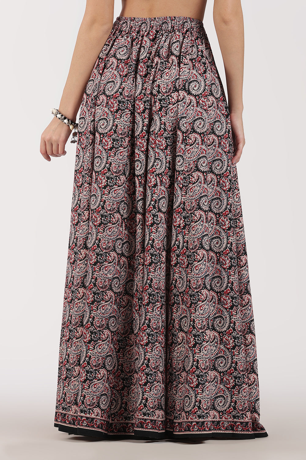 Mythri Women’s Full-Length Cotton Blend Kali Skirt | Elastic Waist, Jaipur Print, Flared Fit - Black - SK05