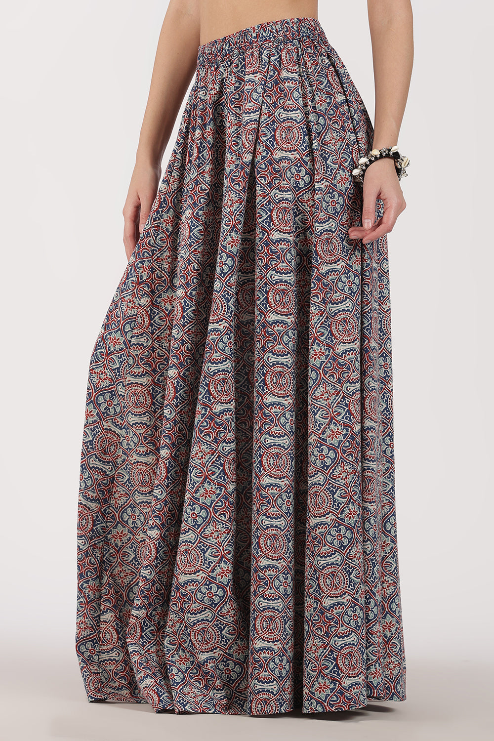 Mythri Women’s Full-Length Cotton Blend Kali Skirt | Elastic Waist, Jaipur Print, Flared Fit - Blue 2 - SK05