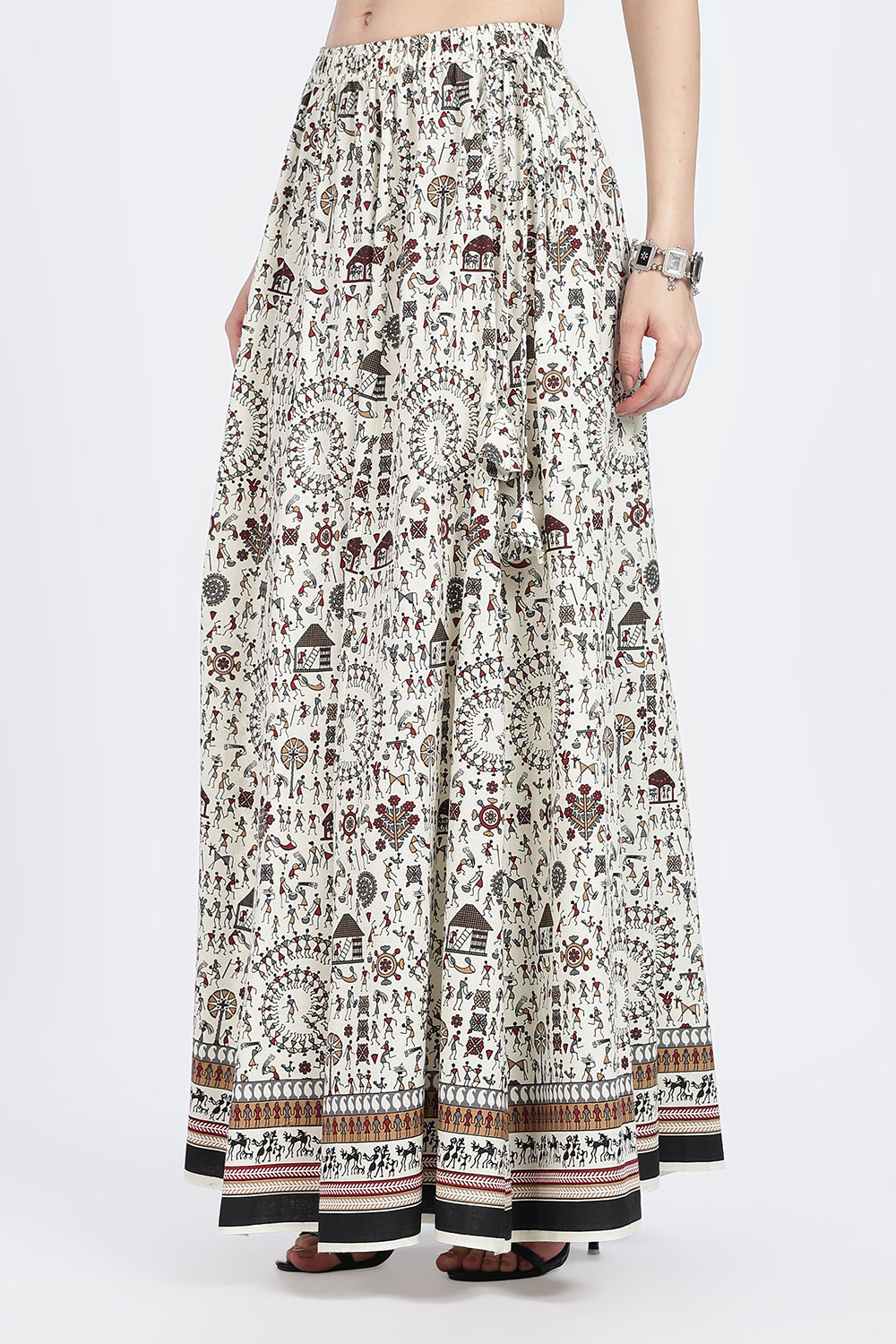 Mythri Women’s Cotton Blend Long Skirt with Tassels | Jaipur Print, Elastic Waist, Flared Fit - Red Print - SK10