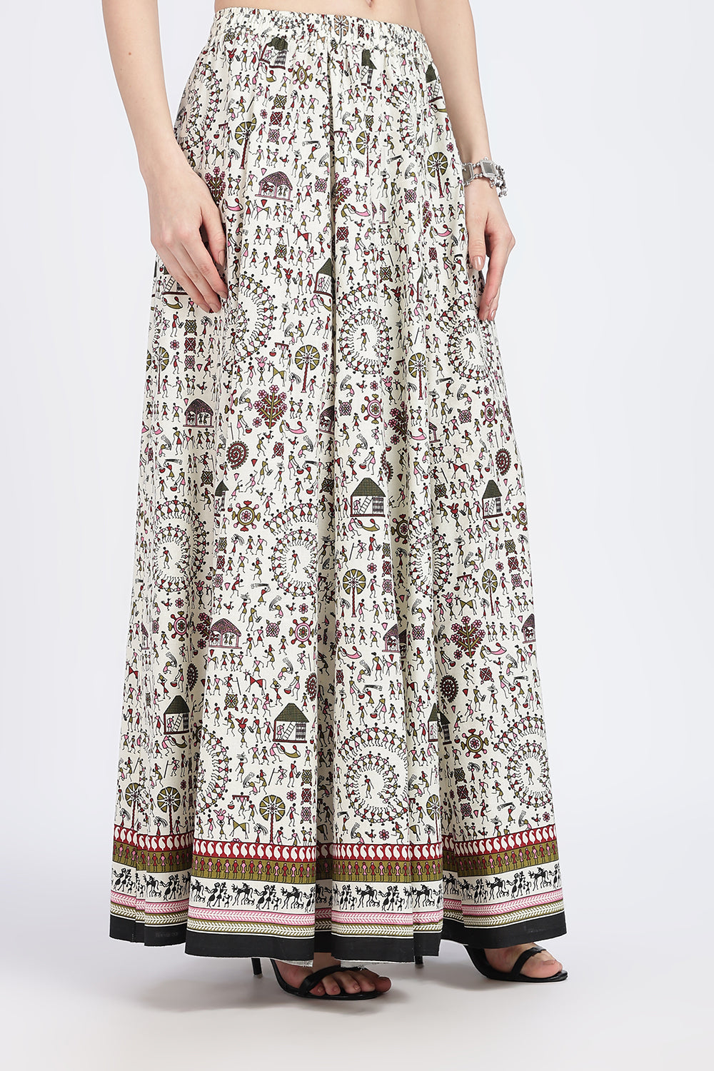 Mythri Women’s Cotton Blend Long Skirt with Tassels | Jaipur Print, Elastic Waist, Flared Fit - Yellow Print - SK10