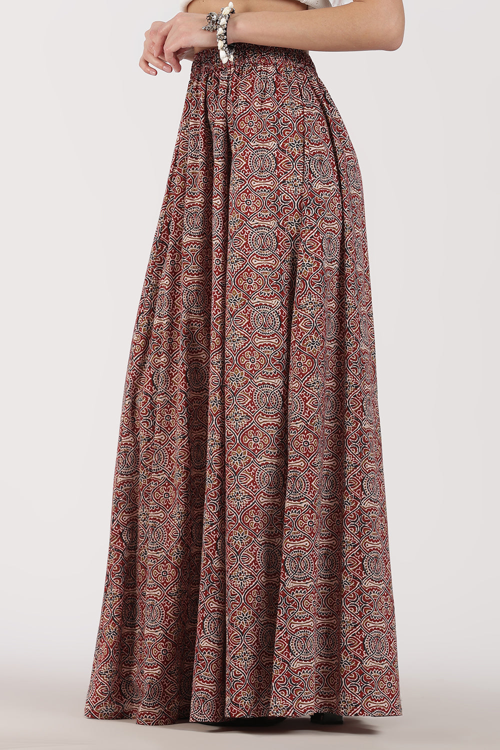 Mythri Women’s Full-Length Cotton Blend Kali Skirt | Elastic Waist, Jaipur Print, Flared Fit - Red 2 - SK05