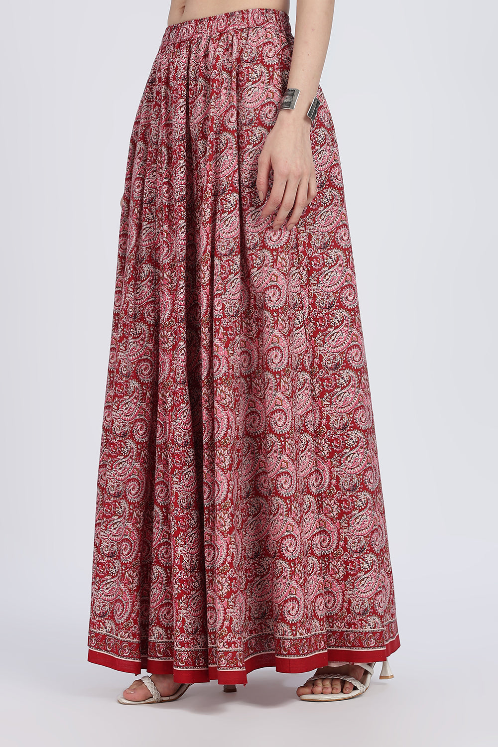 Mythri Women’s Full-Length Cotton Blend Kali Skirt | Elastic Waist, Jaipur Print, Flared Fit - Red - SK05