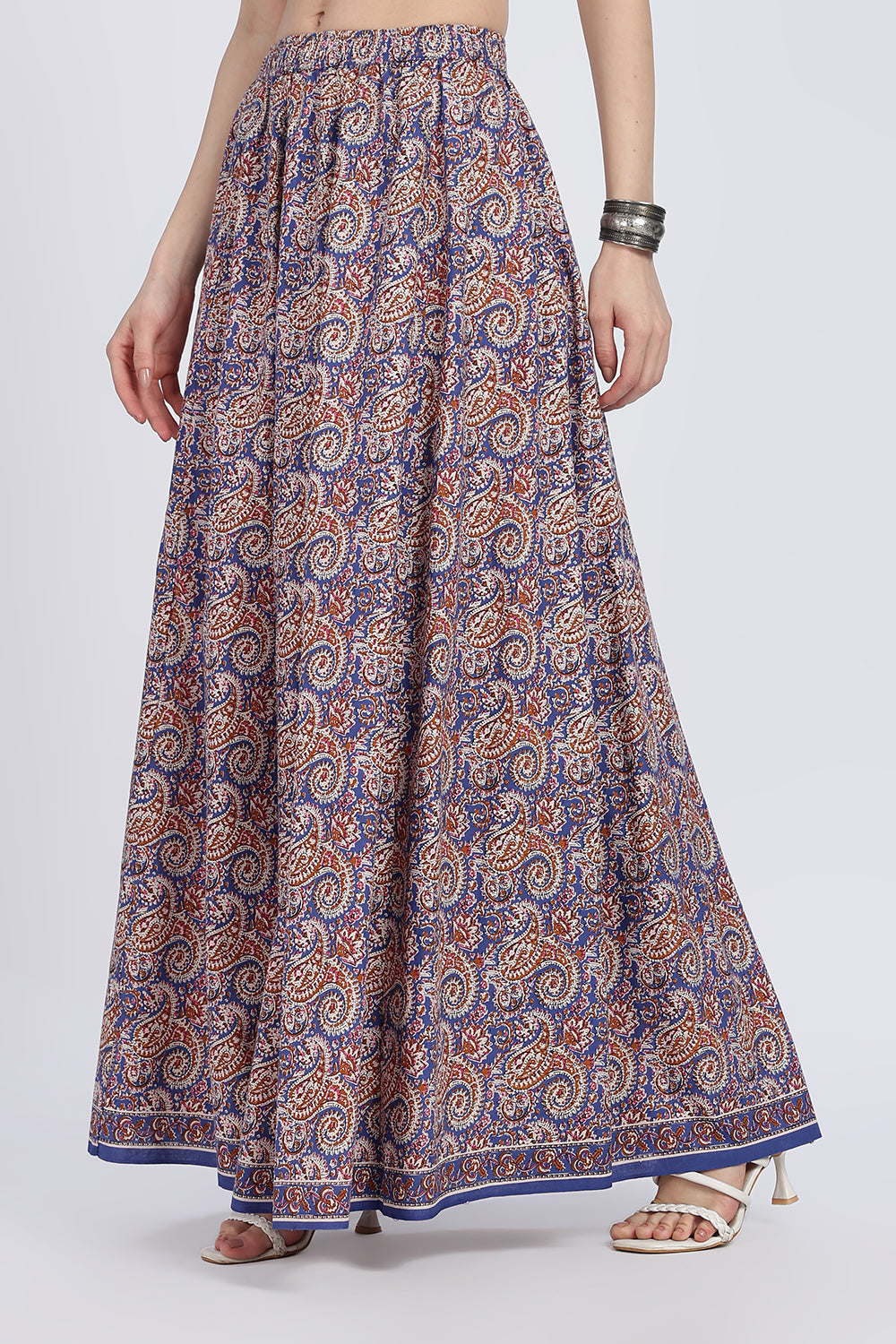 Mythri Women’s Full-Length Cotton Blend Kali Skirt | Elastic Waist, Jaipur Print, Flared Fit - Blue - SK05