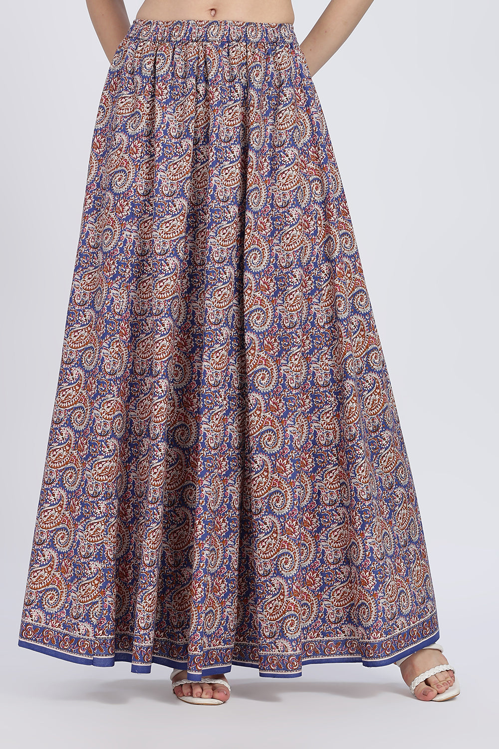 Mythri Women’s Full-Length Cotton Blend Kali Skirt | Elastic Waist, Jaipur Print, Flared Fit - Blue - SK05