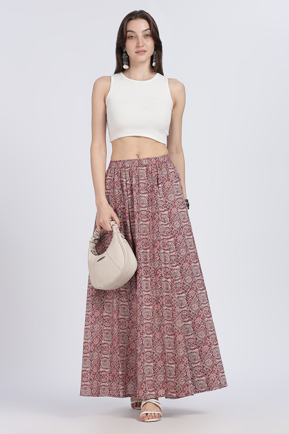 Mythri Women’s Full-Length Cotton Blend Kali Skirt | Elastic Waist, Jaipur Print, Flared Fit - Dark Pink - SK05