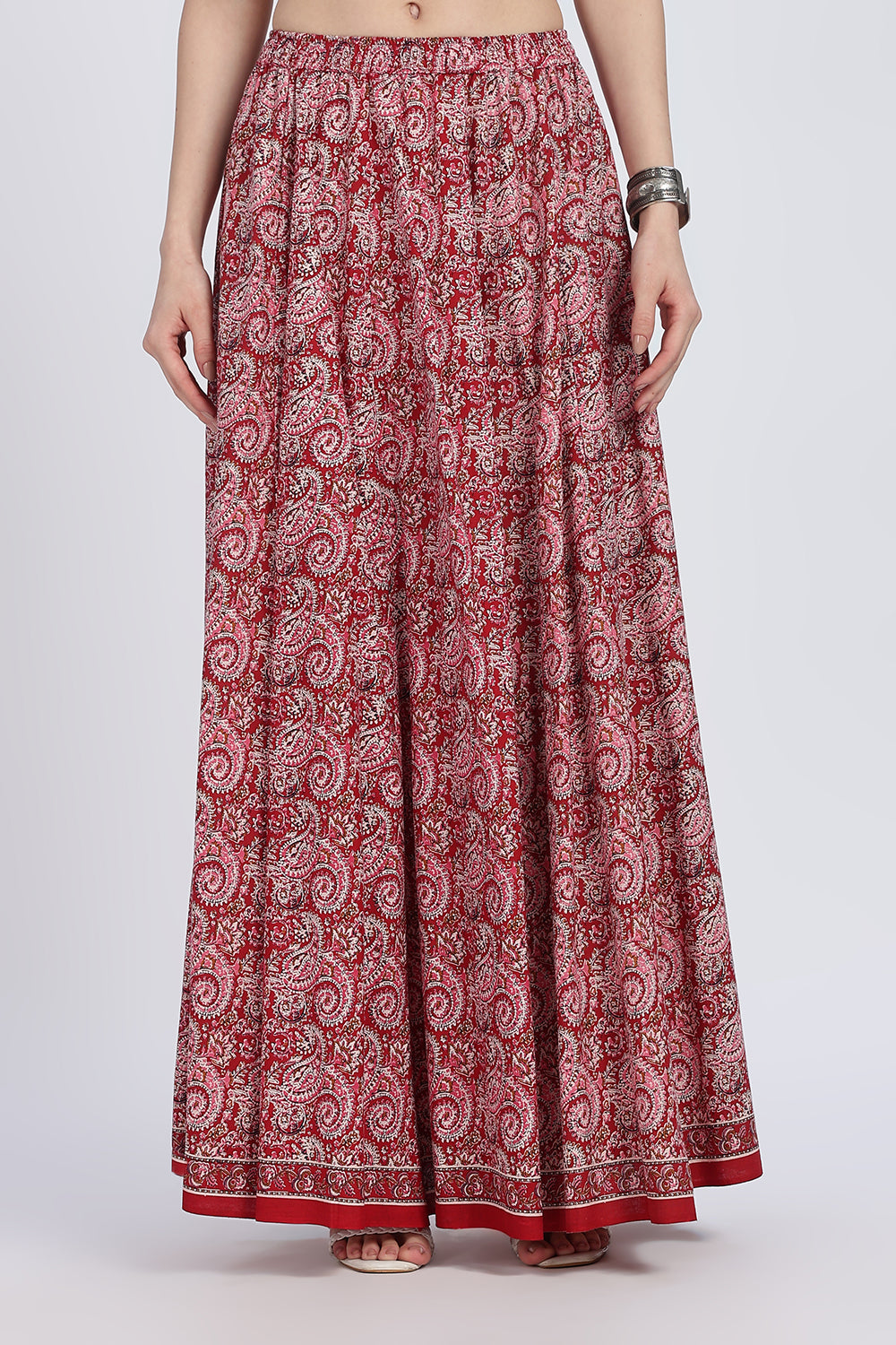 Mythri Women’s Full-Length Cotton Blend Kali Skirt | Elastic Waist, Jaipur Print, Flared Fit - Red - SK05