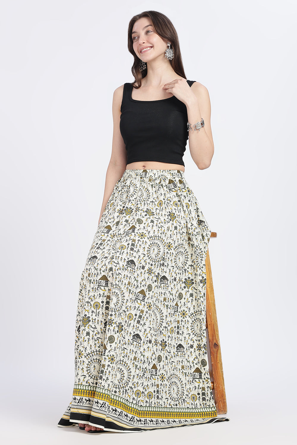 Mythri Women’s Cotton Blend Long Skirt with Tassels | Jaipur Print, Elastic Waist, Flared Fit - Pink Print - SK10