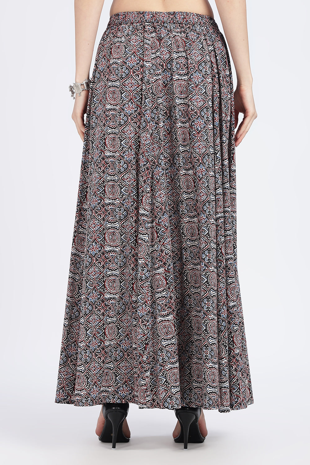 Mythri Women’s Full-Length Cotton Blend Kali Skirt | Elastic Waist, Jaipur Print, Flared Fit - Black 2 - SK05