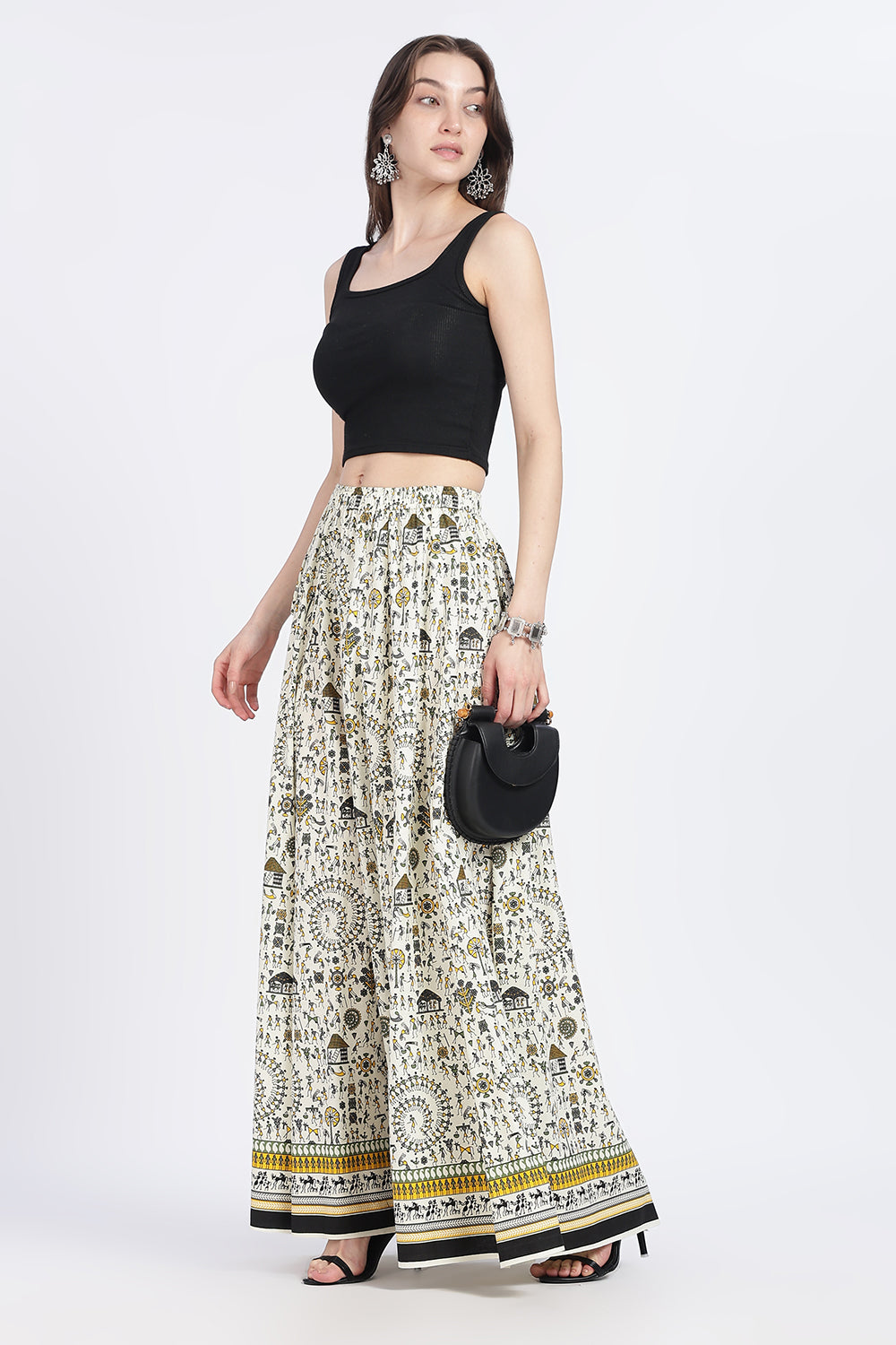 Mythri Women’s Cotton Blend Long Skirt with Tassels | Jaipur Print, Elastic Waist, Flared Fit - Pink Print - SK10