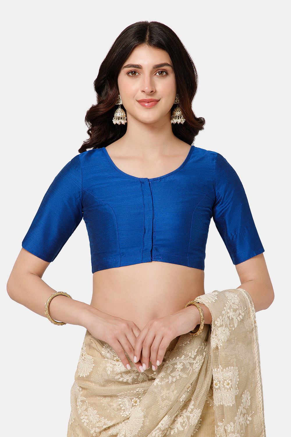 Naidu Hall Women’s Cotton Blouse – U-Neck Front Open Blouse with Elbow Sleeves & Princess Cut | Elegant Everyday & Ethnic Wear - BU17