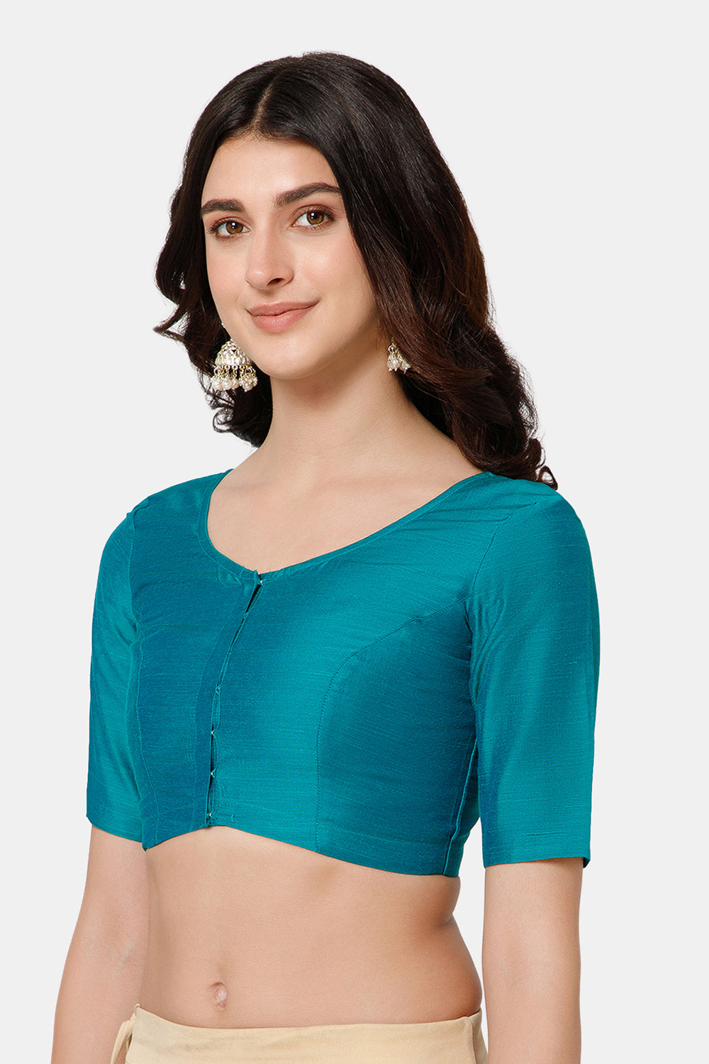 Naidu Hall Women’s Cotton Blouse – U-Neck Front Open Blouse with Elbow Sleeves & Princess Cut | Elegant Everyday & Ethnic Wear - BU17