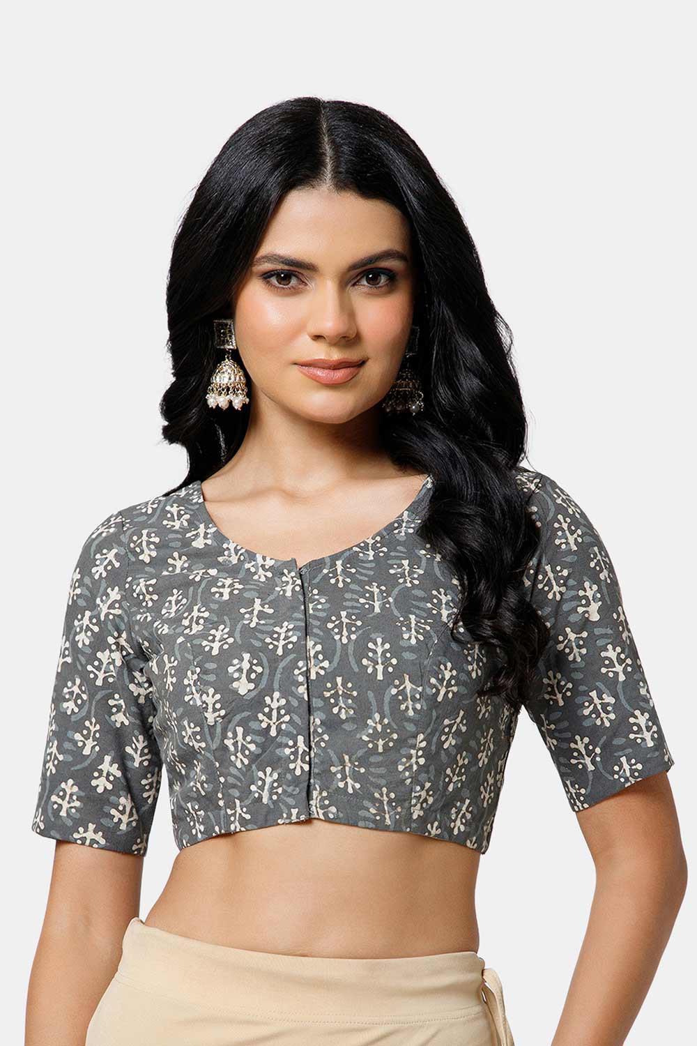 Naidu Hall Women’s Cotton Saree Blouse – U Neck Front Open Designer Blouse with Elbow Sleeves | Traditional Woven Blouse for Women - P7BU17
