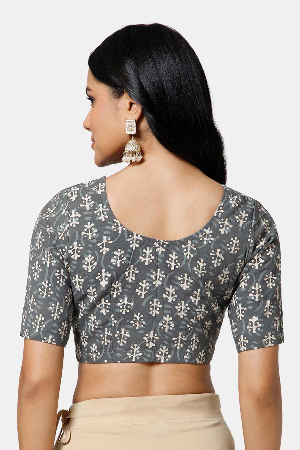 Naidu Hall Women’s Cotton Saree Blouse – U Neck Front Open Designer Blouse with Elbow Sleeves | Traditional Woven Blouse for Women - P7BU17
