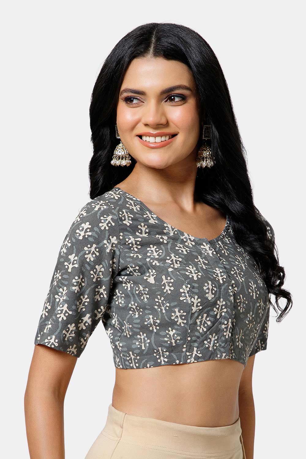 Naidu Hall Women’s Cotton Saree Blouse – U Neck Front Open Designer Blouse with Elbow Sleeves | Traditional Woven Blouse for Women - P7BU17