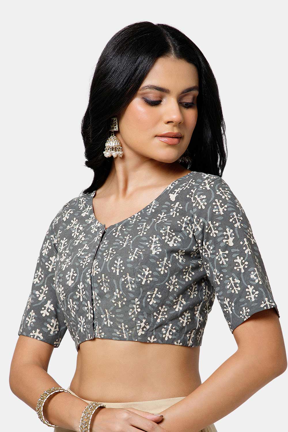Naidu Hall Women’s Cotton Saree Blouse – U Neck Front Open Designer Blouse with Elbow Sleeves | Traditional Woven Blouse for Women - P7BU17