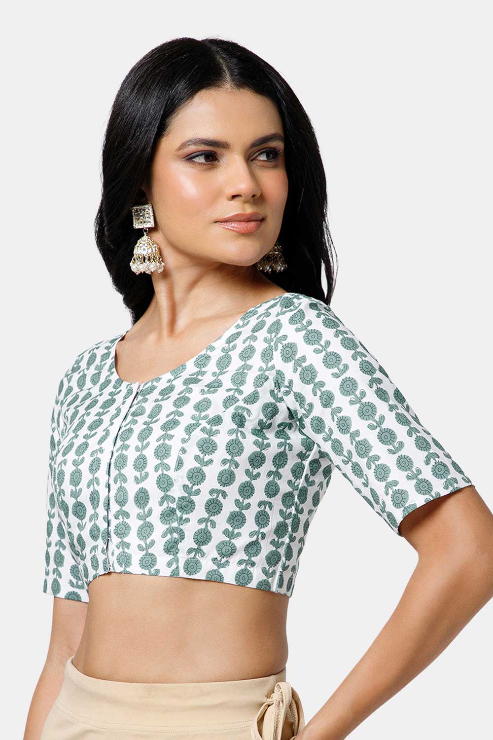 Naidu Hall Women’s Cotton Blouse – U Neck Front Open Saree Blouse with Princess Cut & Elbow Sleeves | Traditional & Casual Ethnic Wear Blouse for Women - White - BU17-P5