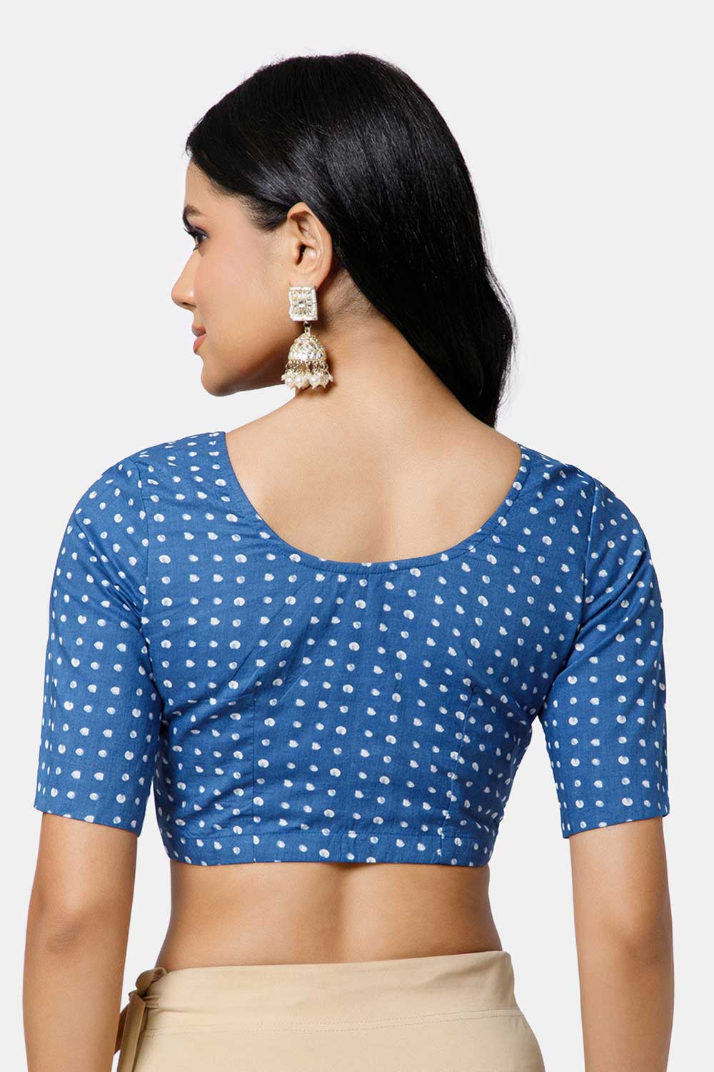 Naidu Hall Women’s Cotton Blouse – U Neck Front Open Saree Blouse with Princess Cut & Elbow Sleeves | Traditional & Casual Ethnic Wear Blouse for Women - Dark Blue - BU17-P4