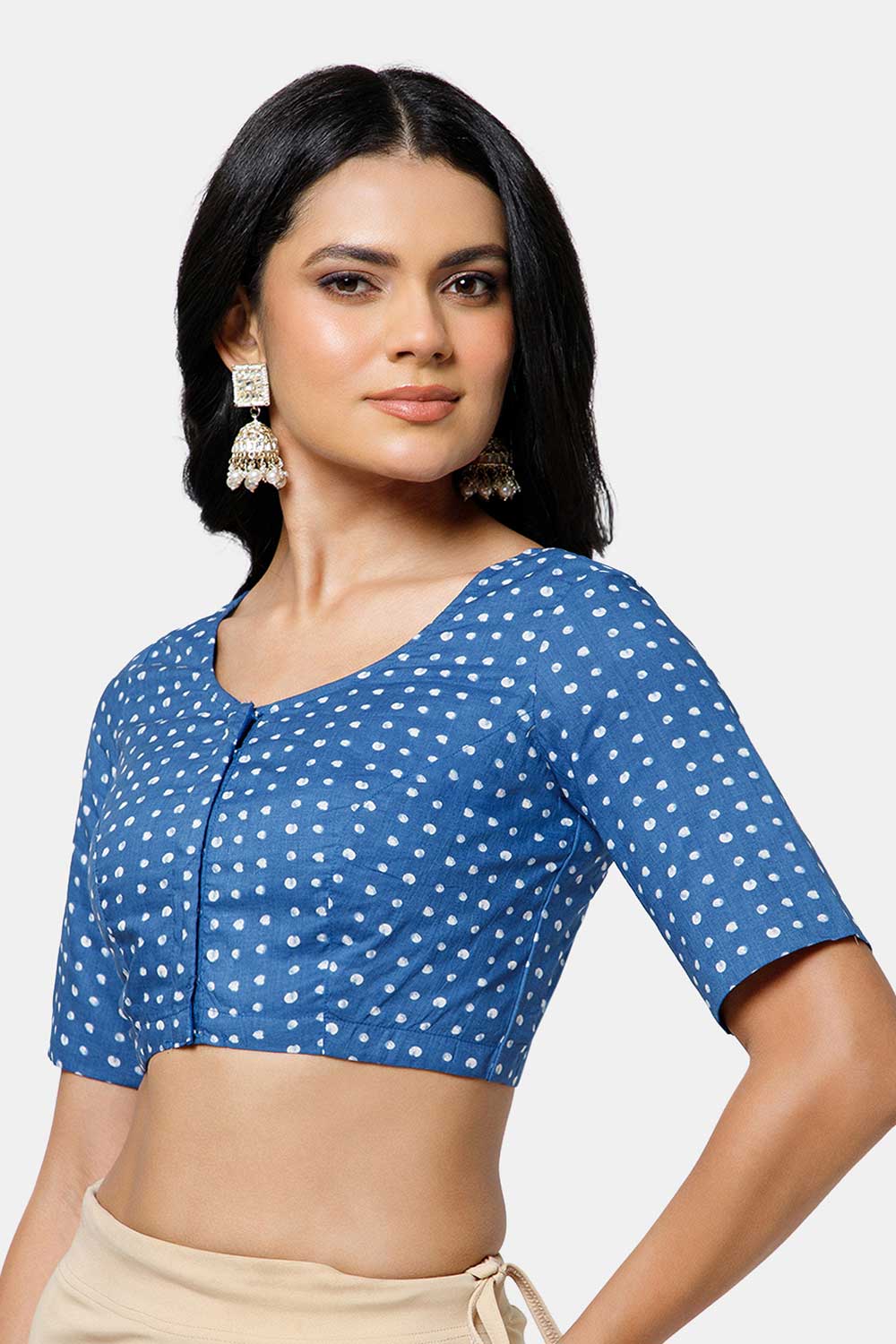 Naidu Hall Women’s Cotton Blouse – U Neck Front Open Saree Blouse with Princess Cut & Elbow Sleeves | Traditional & Casual Ethnic Wear Blouse for Women - Dark Blue - BU17-P4