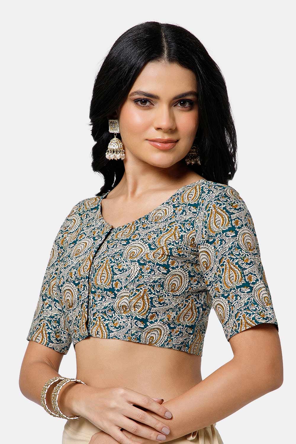 Naidu Hall Women’s Cotton Blouse – U Neck Front Open Saree Blouse with Princess Cut & Elbow Sleeves | Traditional & Casual Ethnic Wear Blouse for Women - Green - BU17-P2