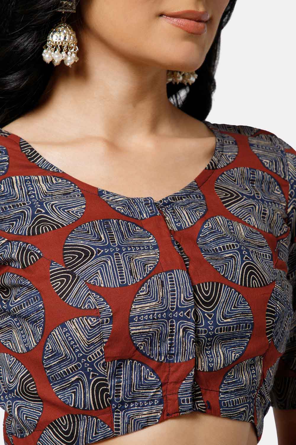 Naidu Hall Women’s Cotton Blouse – U Neck Front Open Saree Blouse with Princess Cut & Elbow Sleeves | Traditional & Casual Ethnic Wear Blouse for Women - Blue - BU17-P3