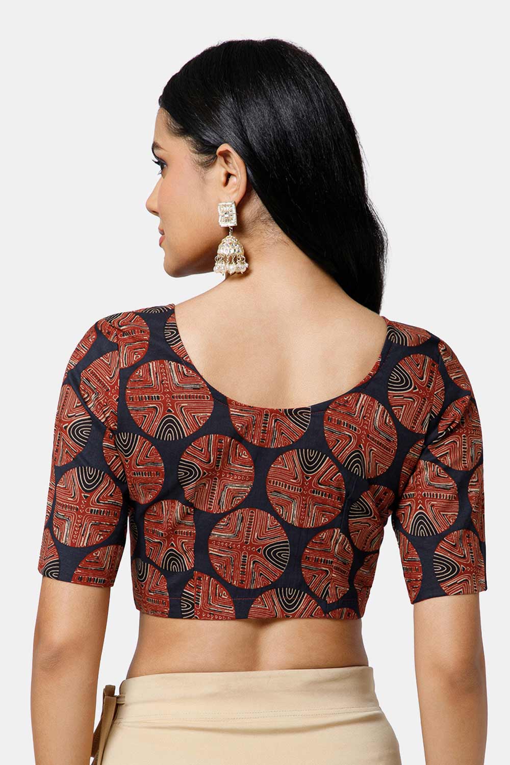 Naidu Hall Women’s Cotton Blouse – U Neck Front Open Saree Blouse with Princess Cut & Elbow Sleeves | Traditional & Casual Ethnic Wear Blouse for Women - Red - BU17-P3