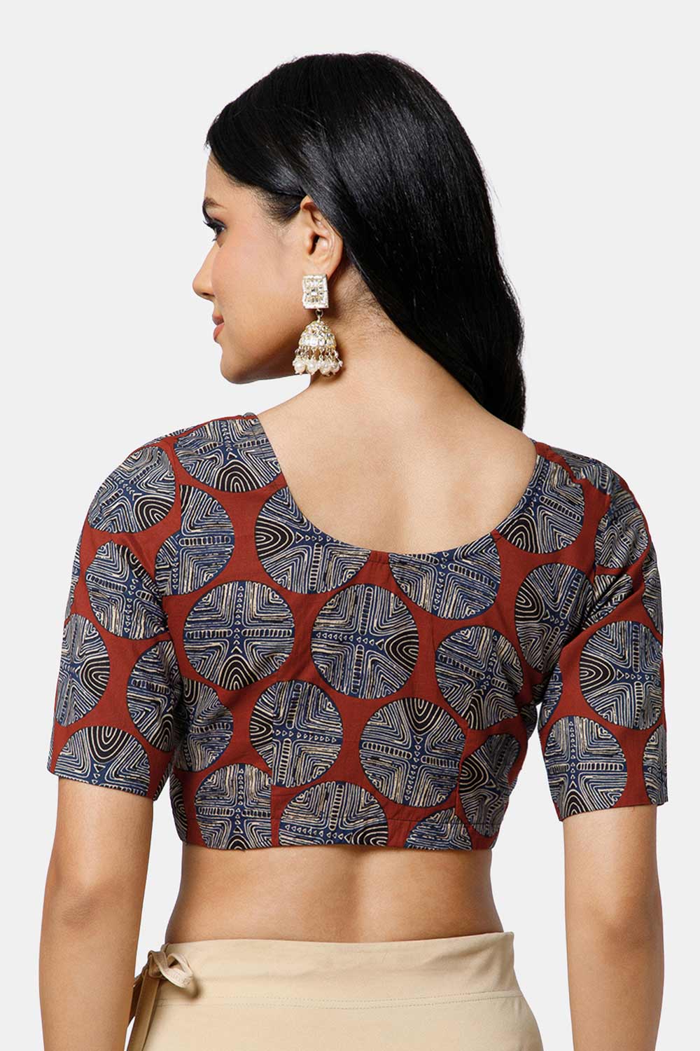 Naidu Hall Women’s Cotton Blouse – U Neck Front Open Saree Blouse with Princess Cut & Elbow Sleeves | Traditional & Casual Ethnic Wear Blouse for Women - Blue - BU17-P3